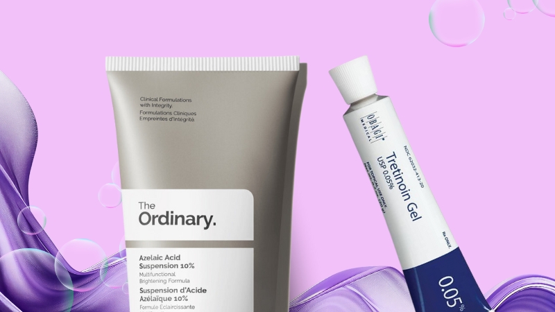 Azelaic acid vs tretinoin products shown in tubes for acne and dark spot treatment comparison