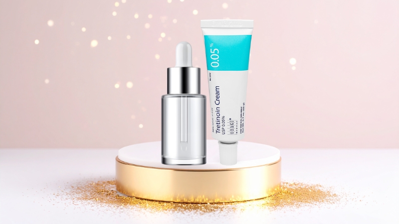 Niacinamide with tretinoin shown side by side as a serum bottle and prescription cream in a simple skincare setup