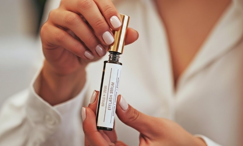 A person holds an eyelash serum bottle with a golden cap and white label