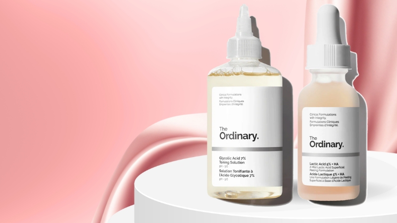 Bottles of exfoliating toners shown side by side to illustrate glycolic acid vs lactic acid skincare options