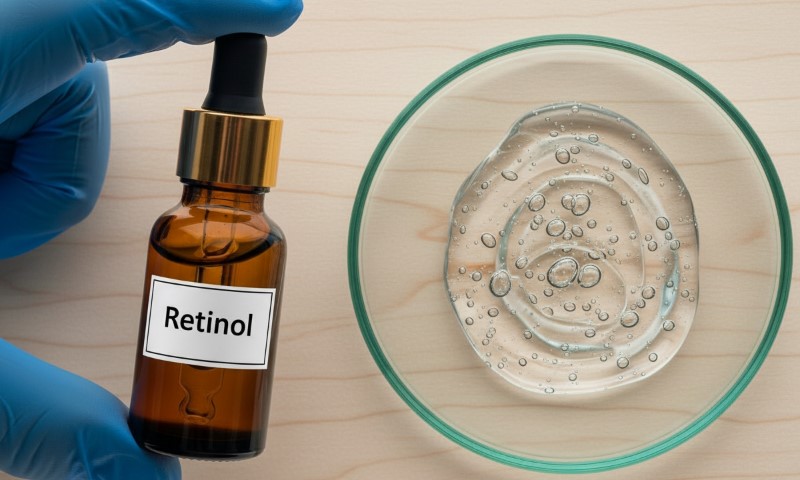 A gloved hand holds a brown bottle labeled "Retinol" beside a petri dish with a clear, gel-like liquid